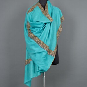 Cashmere Pashmina Wrap: Blue Sozni Embroidered Boho Shawl