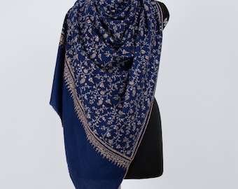 Navy Blue Pashmina Shawl: Sozni Embroidered Cashmere Wrap