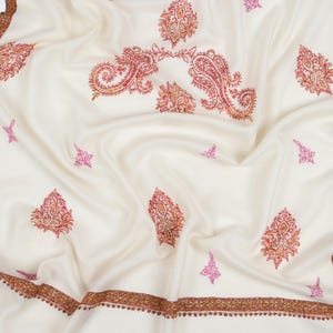 White Jaal Sozni Embroidered Soft Cashmere Stole - Handwoven Soft Pashmina Wrap - Luxurious Kashmiri Shawl for Women - Gift for Her 28x80&quot;