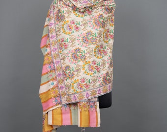 Kalamkari Pashmina Shawl, Hook Work Cashmere Scarves, Artistic Pashminas, Indian Embroideries, Wedding Gifts, 40x80"