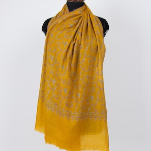 Mustard Pure Pashmina Shawl – Hand Embroidered Cashmere Scarf, Bridal & Wedding Stole, Kashmiri Luxury Wrap – Gift for Her, 28x80&quot;