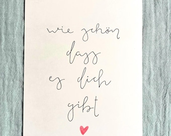Handmade greeting card – “How wonderful that you exist” – minimalist card with heart – card for girlfriend, mom, partner, birthday