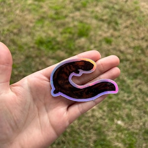 May include: A holographic sticker of a black and brown salamander curled up in a C shape.