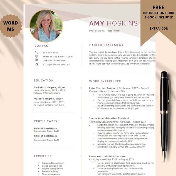 Sorority Resume Template With Cover and Reference Letter| Digital Sorority Resume Template | 3 Versions Summary | Free Guide + 100 Extra Icons