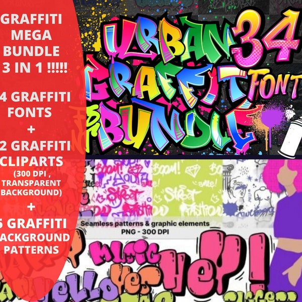 Graffiti Font + 12 Graffiti Clipart+ 5 Graffiti Background|Urban Font|Airbrush Font|Graffiti Font Svg|Graffiti Letters|Graffiti  font Bundle