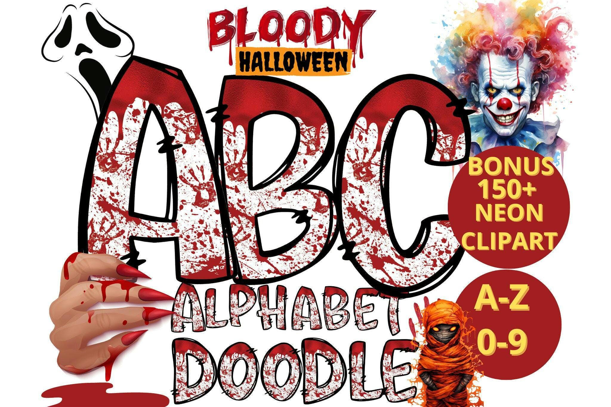 Bloody Halloween Doolde Alpha + 150 ClipArt PNG Files|Halloween Png|Doodle Alpha Bundle|Halloween Sublimation Alphabet Doodle Set PNG