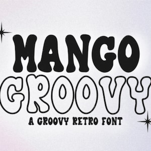 Peut inclure: Police de caractères rétro noire et blanche avec le texte "MANGO GROOVY A GROOVY RETRO FONT".