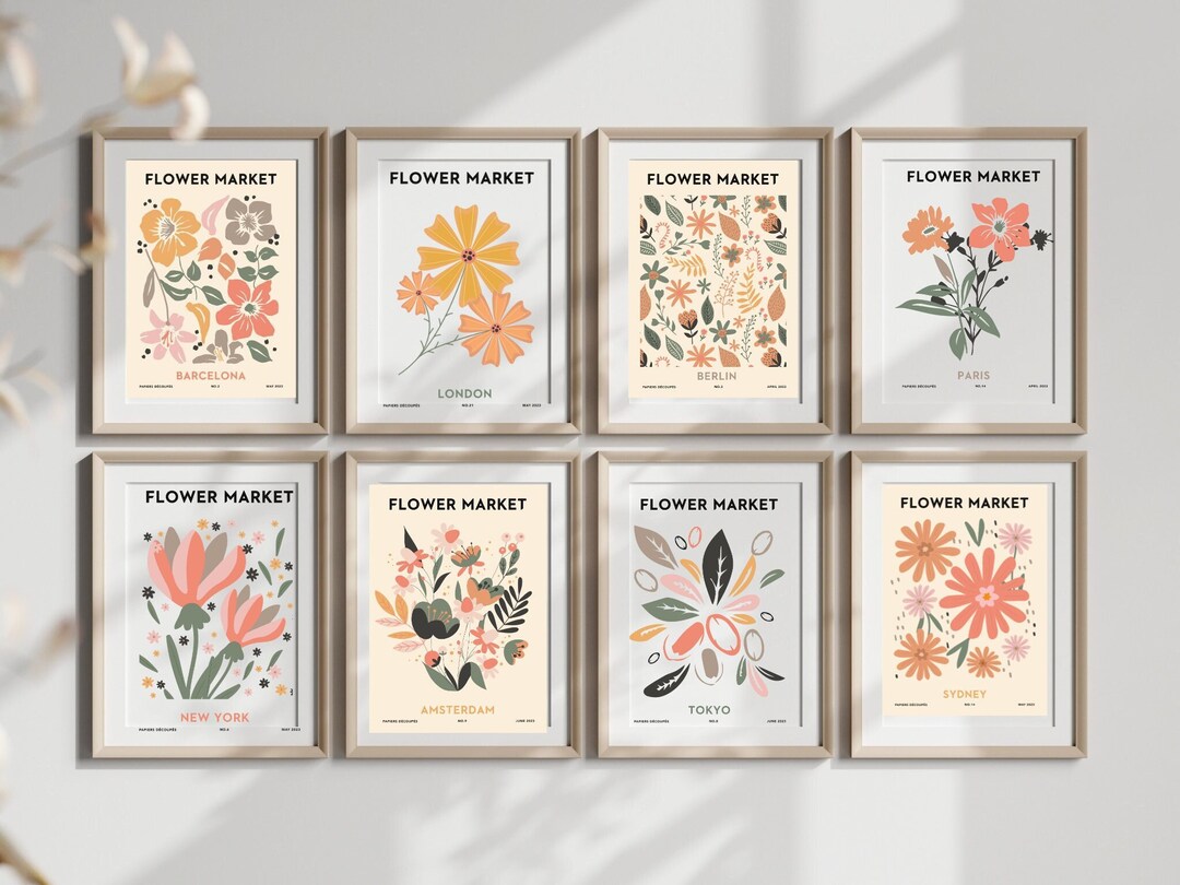 Flower Market Print, Set of 8, Botanical Wall Art, Floral Decor Posters ...