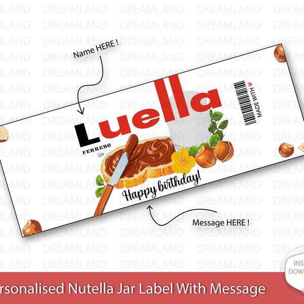 Nutella-label met bericht, gepersonaliseerd Nutella-potlabel met bericht, digitaal Nutella-label