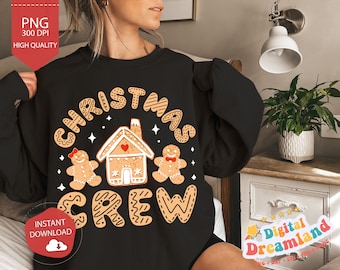 May include: Black sweatshirt with a Christmas crew design. The design features gingerbread people, a gingerbread house, and the text "Christmas Crew".