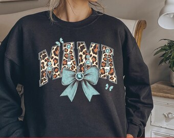Leopard Print Mama PNG | Turquoise Bow and Rhinestone Mom Shirt Design | Cute Sublimation Clipart | Digital Download for Mother's Day