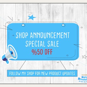 Op de afbeelding: Een blauwe en witte aankondigingsafbeelding met een megafoonpictogram. De tekst luidt "Shop Announcement Special Sale %50 Off" en "Follow my shop for new product updates".