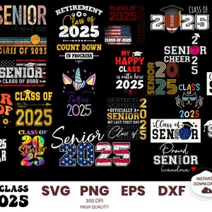 Op de afbeelding: Een verzameling van 2025 senior class-ontwerpen met verschillende thema's, waaronder afstudeerhoeden, Amerikaanse vlaggen, eenhoorns en cheerleading pompoenen. De ontwerpen zijn in verschillende kleuren en stijlen, sommige met tekst zoals "Senior Class of 2025" en "The One Where We Are Seniors".