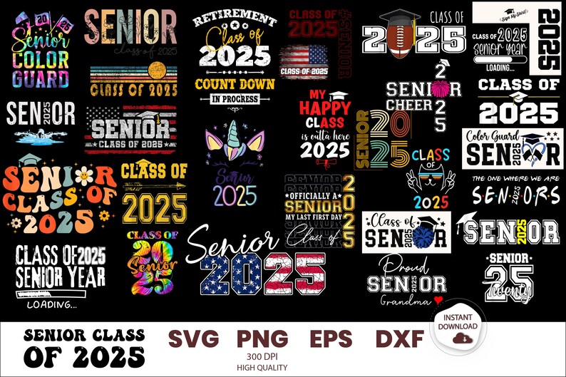 Op de afbeelding: Een verzameling van 2025 senior class-ontwerpen met verschillende thema's, waaronder afstudeerhoeden, Amerikaanse vlaggen, eenhoorns en cheerleading pompoenen. De ontwerpen zijn in verschillende kleuren en stijlen, sommige met tekst zoals "Senior Class of 2025" en "The One Where We Are Seniors".