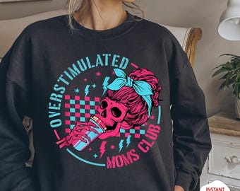 Overstimulated Moms Club SVG PNG | Neon Skull Mom Shirt Design | Funny Exhausted Mom Sublimation Clipart | Retro Grunge Digital Download