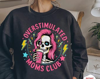 Overprikkelde Moms Club SVG PNG | Shirtontwerp moeder skelet | Grappige uitgeputte moeder clipart | Retro Lightning-sublimatie downloaden