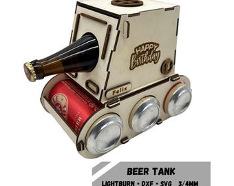 May include: A wooden beer tank with a bottle and cans. The tank is decorated with the words "Happy Birthday" and "Felix".