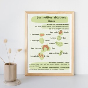 Könnte beinhalten: Ein gerahmtes Lehrplakat mit dem Titel Les petites ablutions Wudu, das grünen Text und Illustrationen zeigt, welche die Schritte der Wudu-Waschung mit französischen Beschriftungen und Mengenangaben für Hände, Mund, Nase, Gesicht, Arme, Haare, Ohren und Füße darstellen.