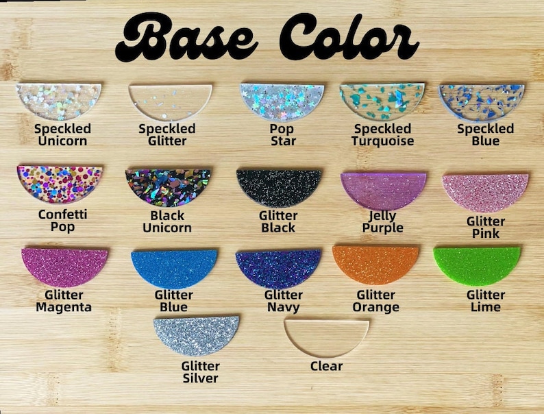 May include: A selection of 16 different glitter and speckled resin base colors for crafting. The colors include: Speckled Unicorn, Speckled Glitter, Pop Star, Speckled Turquoise, Speckled Blue, Confetti Pop, Black Unicorn, Glitter Black, Jelly Purple, Glitter Pink, Glitter Magenta, Glitter Blue, Glitter Navy, Glitter Orange, Glitter Lime, Glitter Silver, and Clear.