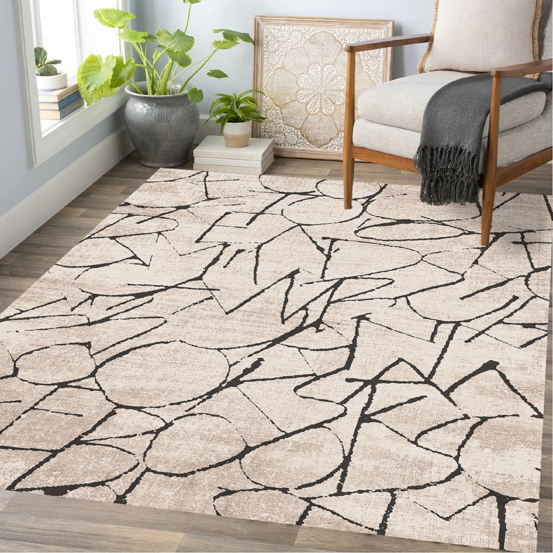 Beige Modern Abstract Carpet, Art Deco Bedroom Rug, Minimalist Carpet