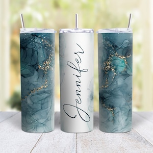 20oz Skinny Tumbler Personalized Marble Design- Stainless Steel Double Wall Insulated Cup With Lid And Straw