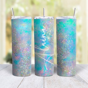 20oz Skinny Tumbler Personalized Multicolored Blue And Silver Glitter  - Stainless Steel Double Wall Insulated Cup With Lid And Straw
