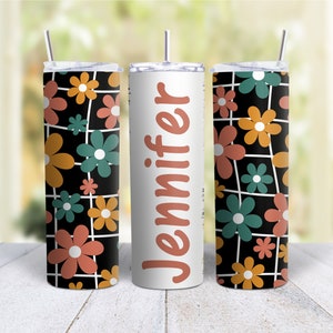 20oz Skinny Tumbler Personalized Retro Flower Design - Stainless Steel Double Wall Insulated Cup With Lid And Straw