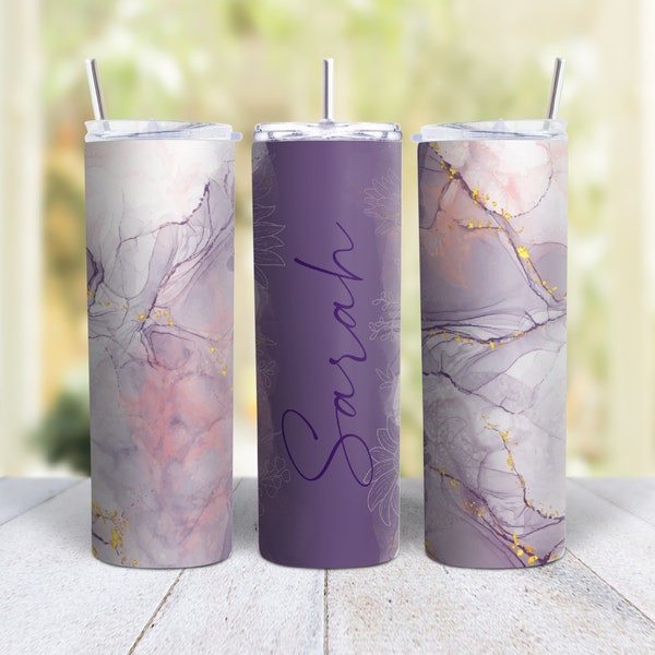 20oz Skinny Tumbler Personalized Marble Design- Stainless Steel Double Wall Insulated Cup With Lid And Straw
