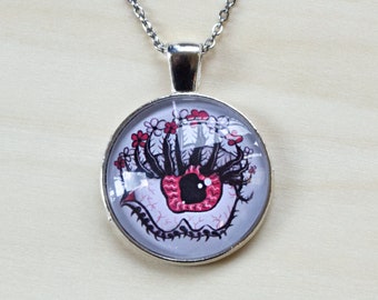 Whimsigoth Jewelry: Evil Eye Pendant Necklace- Witchy Gift Under 20 - Round Cabochon Pendant with Creepy Art - Spooky Jewellery