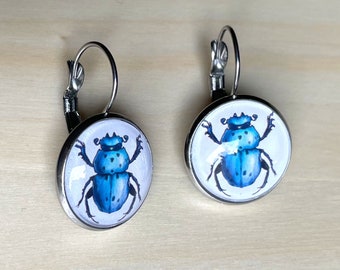 Bug Earrings for Insect Lover - Goblincore Jewelry Gift Under 20 - Entomology Gift For Her - Blue Scarab Beetle Earrings Stainless Steel