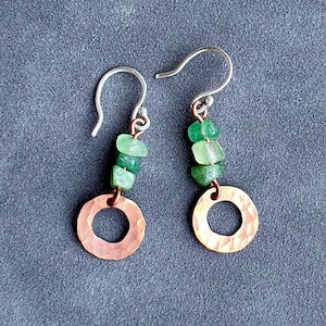 Hammered Copper Green Nephrite Jade Earrings: Sterling Silver Hook Jewelry