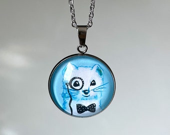 Cute Pet Necklace - Ermine Ferret Lover Jewelry - Funny Ferret Gifts - Animal Lover Jewelry - Handmade Round Cabochon Pendant Necklace