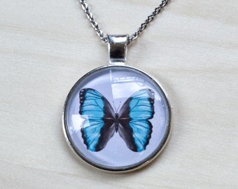 Blue Morpho Butterfly Necklace - Handmade Jewelry - Gift Under 20 For Mom and Sister - Round Cabochon Necklace - Butterfly Pendant Necklace