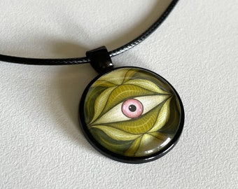 Whimsigoth Jewelry - Black Cord Pendant Necklace - Green Witch Gift Under 20 - Weird Evil Eye Unique Handmade Oddity Pendant for Halloween