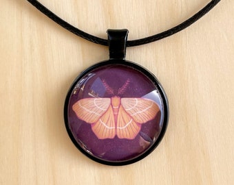 Witchy Black Cord Pendant Necklace With Moth Art - Wiccan Jewelry Gift for Her Under 20 - Unique Moth Necklace