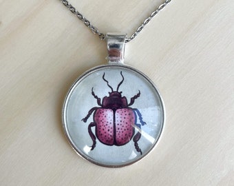 Cute Pink Bug Necklace - Unique Beetle Jewelry Gift For Her Under 20 - Round Insect Pendant - Goblincore Aesthetic Entomology Gift Under 20