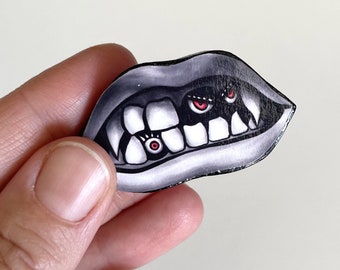 Handmade Vampire Lips and Fangs Pin - Gothic Clay Brooch - Halloween Accessory with Original Art - Unique Decoupage Jewelry