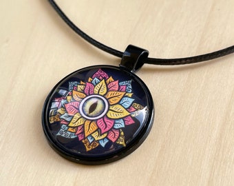 Whimsigoth Necklace - Hippie Goth Jewelry Gift Under 20 - Black Cord Pendant Necklace - Unique Colorful Statement Pendant With Eye-Flower