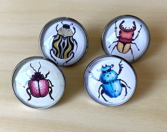 Handmade Insect Pin Set - Beetle Pinback Button Lot - Entomology Cabochon Brooch Set - Four 20 mm Insect Lover Badges - Goblincore Gift