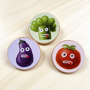 Broccoli, Eggplant and Tomato Lover Wooden Pin Set Funny Vegetarian Gifts Handmade Vegan Pin Buttons Gift Under 20 image 1