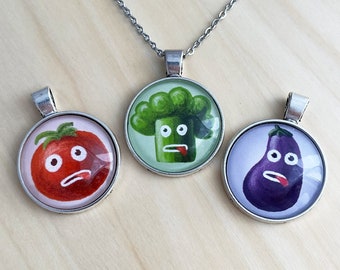 Funny Vegetarian Necklace Set - Vegan Jewelry Gift for Her with Tomato, Eggplant and Broccoli Pendants - Birthday Gift Ideas