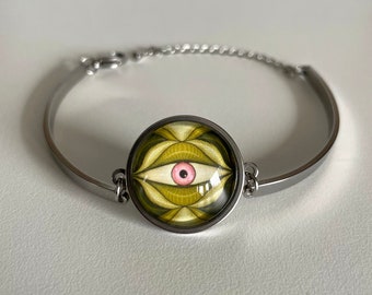 Evil Eye Bracelet - Whimsigoth Jewelry - Green Witch Gift For Goth Girl - Minimalist Adjustable Stainless Steel Art Bracelet