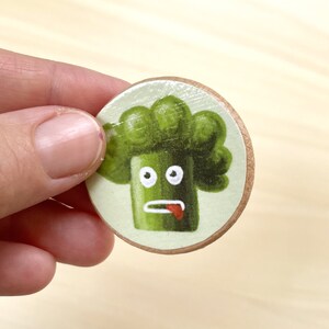 Broccoli, Eggplant and Tomato Lover Wooden Pin Set Funny Vegetarian Gifts Handmade Vegan Pin Buttons Gift Under 20 image 2