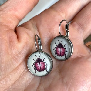 Cute Insect Earrings Pink Beetle Jewelry with Insect Art image 2