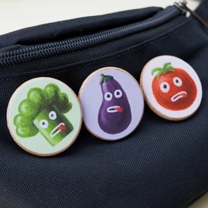 Broccoli, Eggplant and Tomato Lover Wooden Pin Set Funny Vegetarian Gifts Handmade Vegan Pin Buttons Gift Under 20 image 5