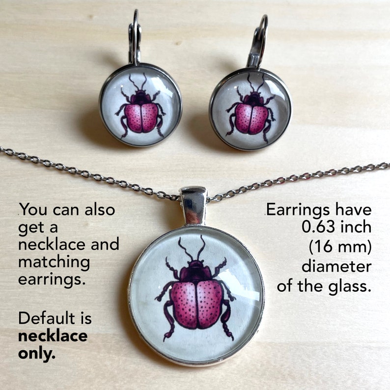 Cute Insect Earrings Pink Beetle Jewelry with Insect Art Entomology Gift for Insect Lover Stainless Steel Cabochon Earrings 16 mm Necklace + earrings