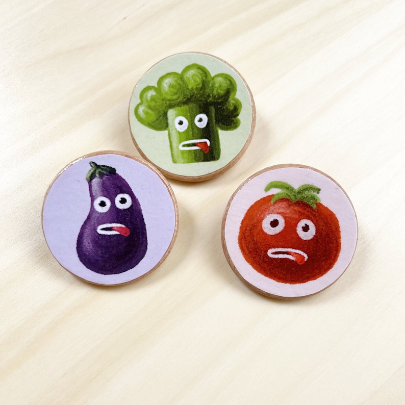 Broccoli, Eggplant and Tomato Lover Wooden Pin Set Funny Vegetarian Gifts Handmade Vegan Pin Buttons Gift Under 20 image 1