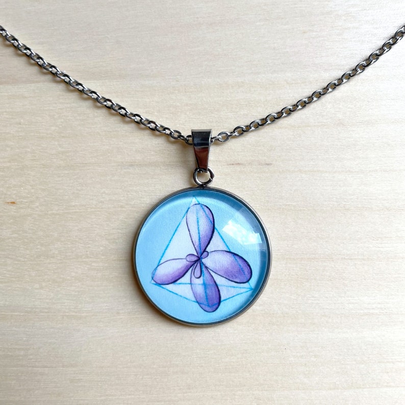 Round cabochon pendant necklace with artwork of methane molecule with its p-atomic orbitals sp3 hybridized, made from stainless steel