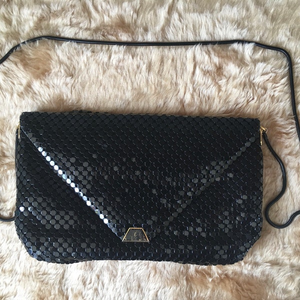 Vintage La Regale Black Mesh 80s Evening Bag Long Shoulder Strap