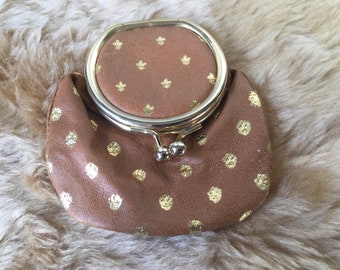 Vintage Italian Leather Fleur De Lis Clasp Coin Purse with Mirror